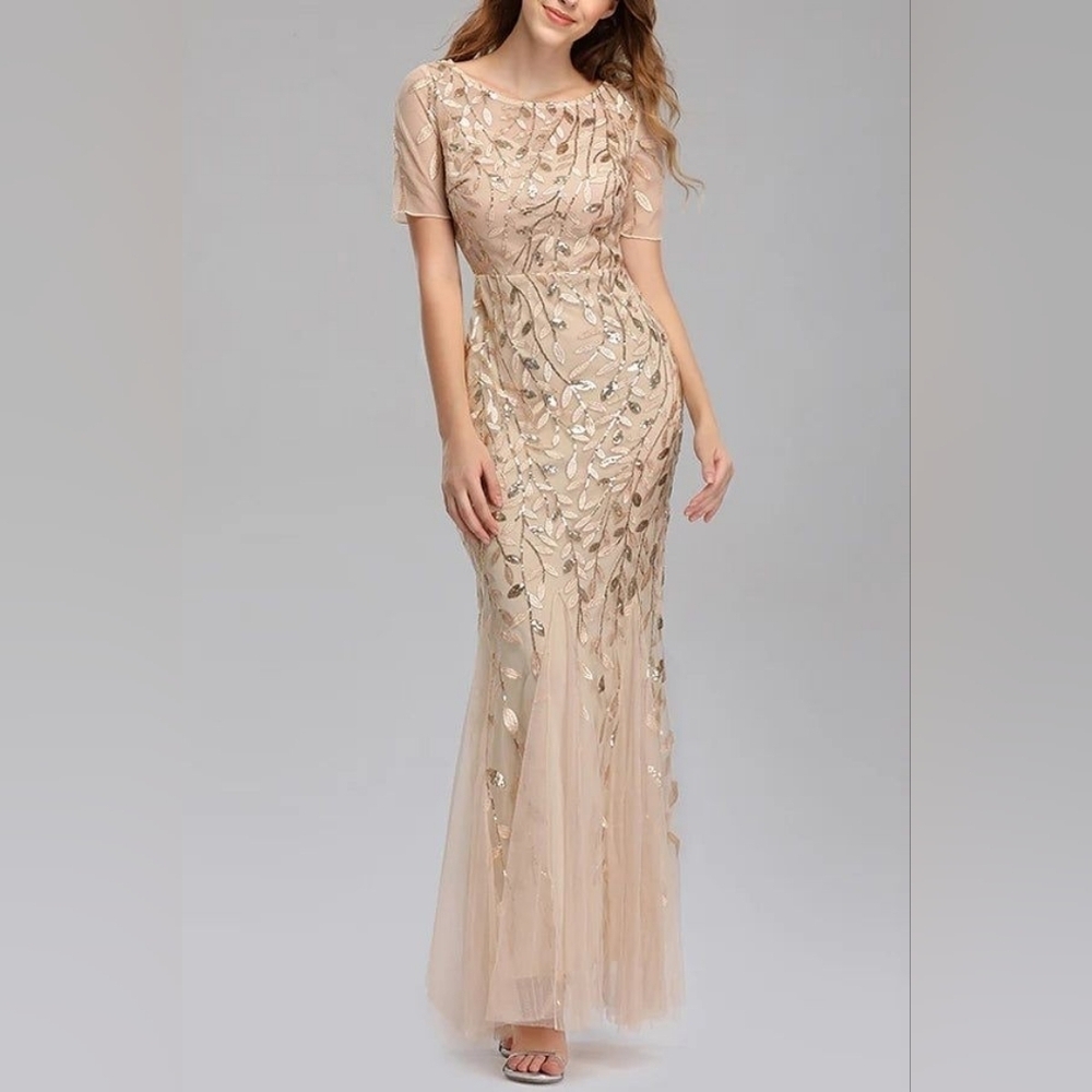XUCTHHC Gold & Champagne Leaf Sequin Godet Gown - Picture 3 of 14